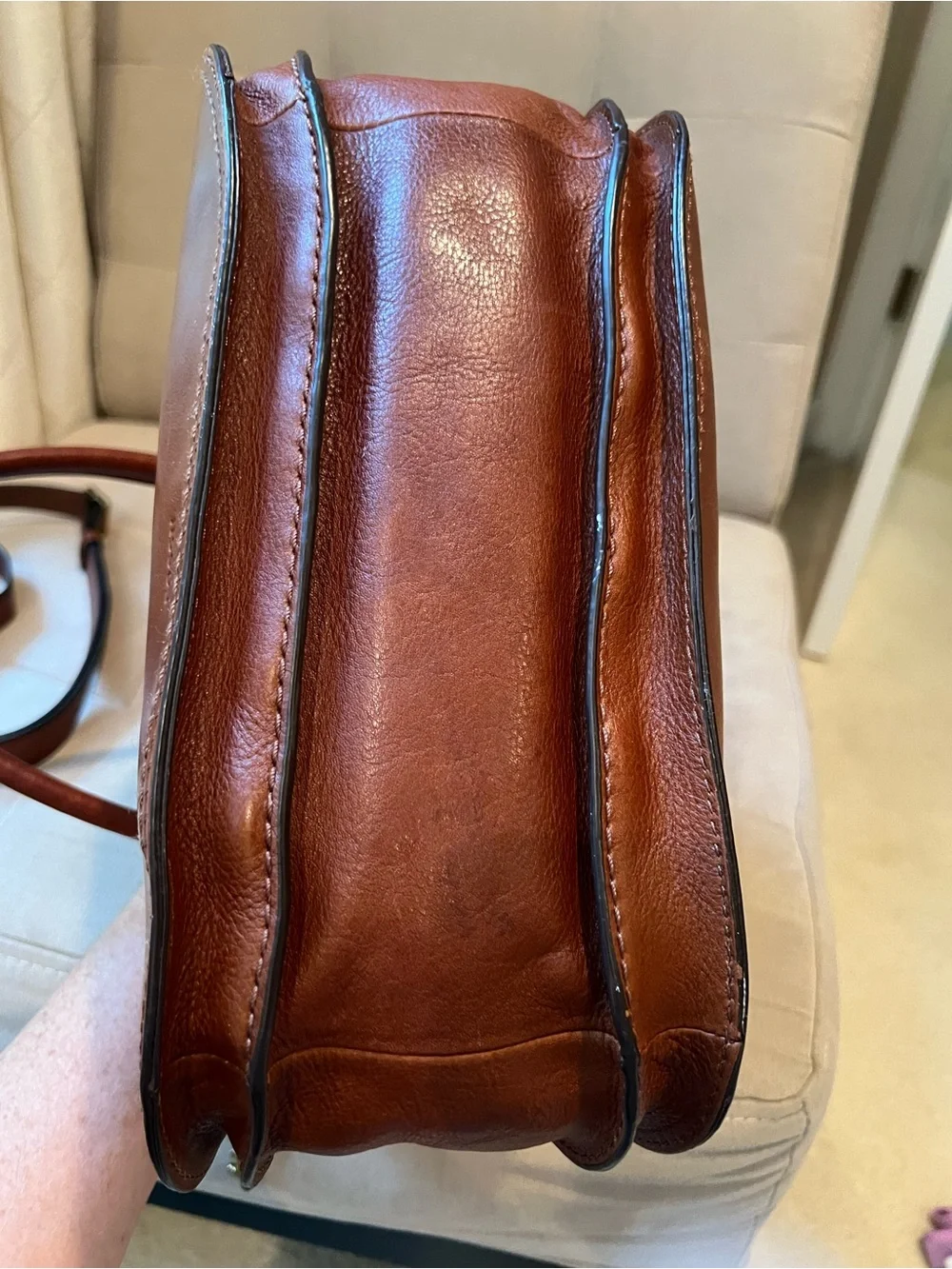 Fossil Cognac Brown Leather Satchel with Key Charm